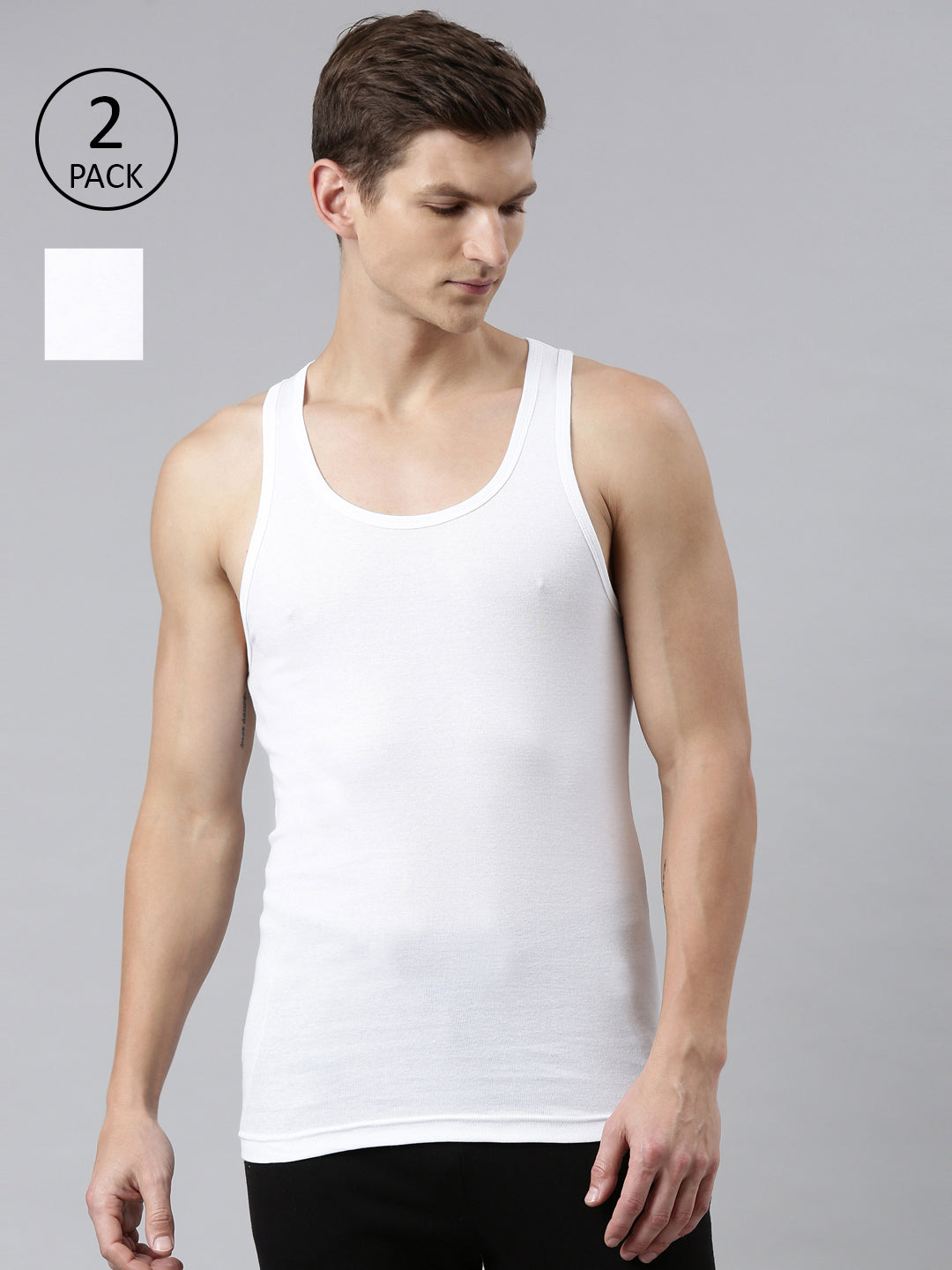FASO Men's White Cotton Rib Vest (Pack of 2)