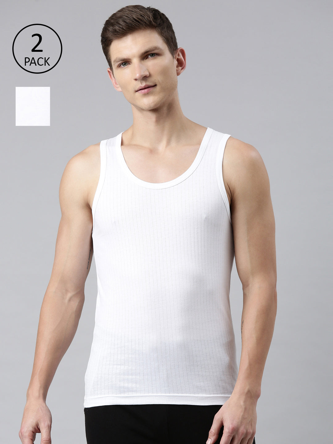 Faso Men's White Design Cotton Vest (Pack of 2)