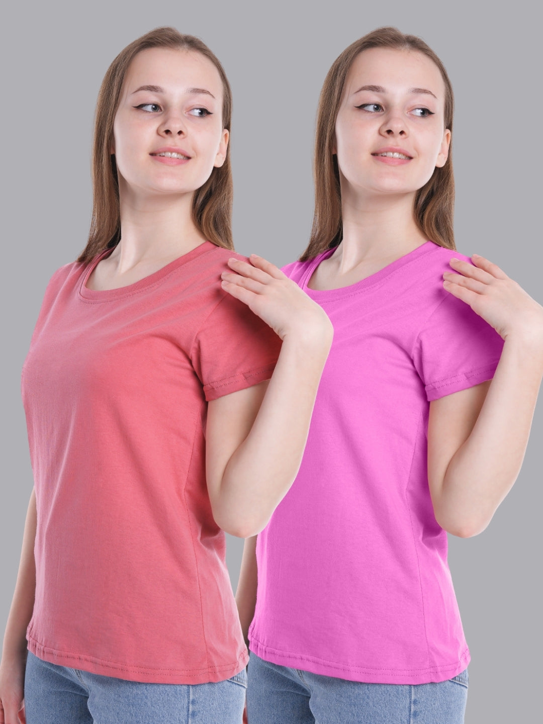 FASO Women’s Cotton Pink& Red Round Neck T-shirt (Pack of 2)