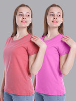 FASO Women’s Cotton Pink& Red Round Neck T-shirt (Pack of 2)